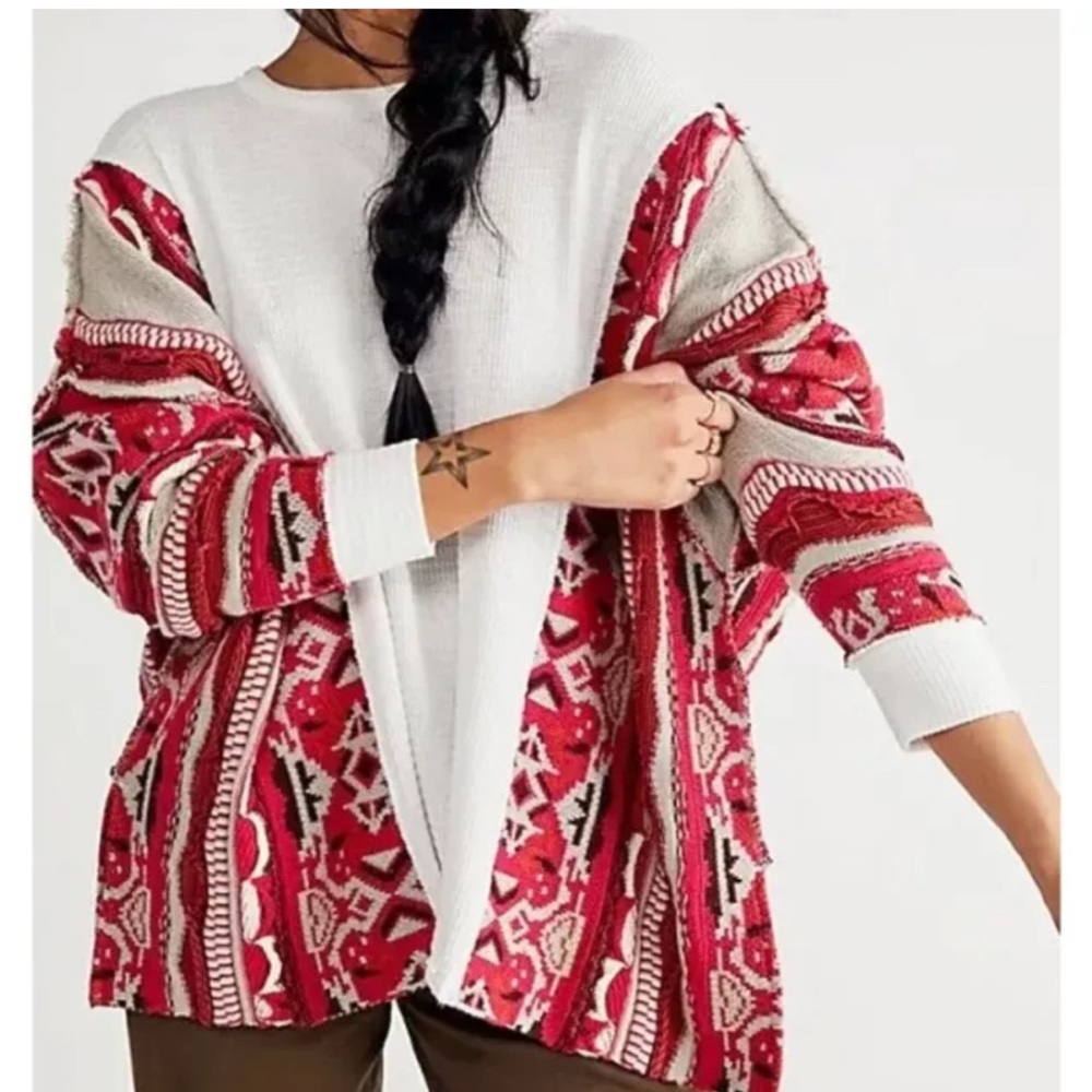 Free People Say It Loud Thermal Aztec Western 3D Knit Large Top Pink White
